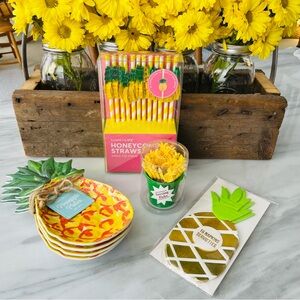 Sur La Table•NWT,4-Appetizer Plates +Pineapple Party Bundle~Straws,Napkins,Picks